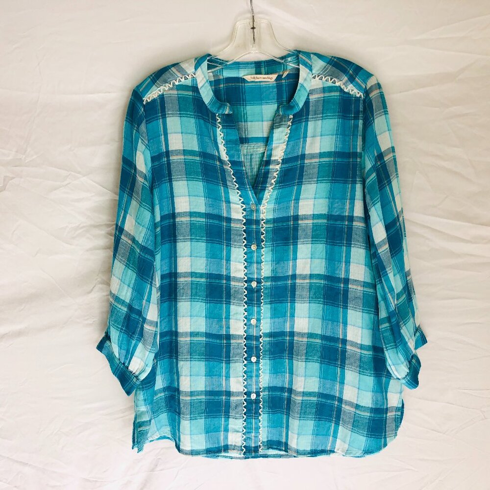 Soft Surroundings Blue Plaid Button Front Blouse Top Women's‎ Size Large